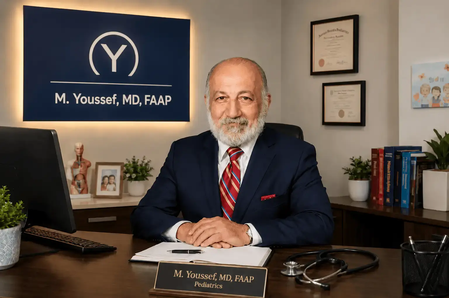 Dr. Maged Youssef, MD, FAAP at his desk in his Forest Hills, NY office