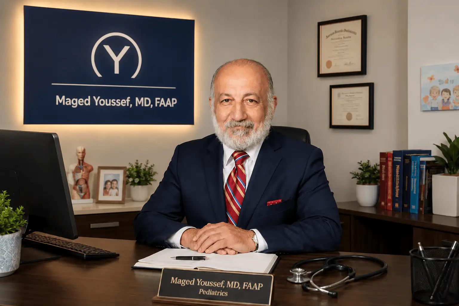 Dr. Maged Youssef reading in his Forest Hills, NY pediatric office